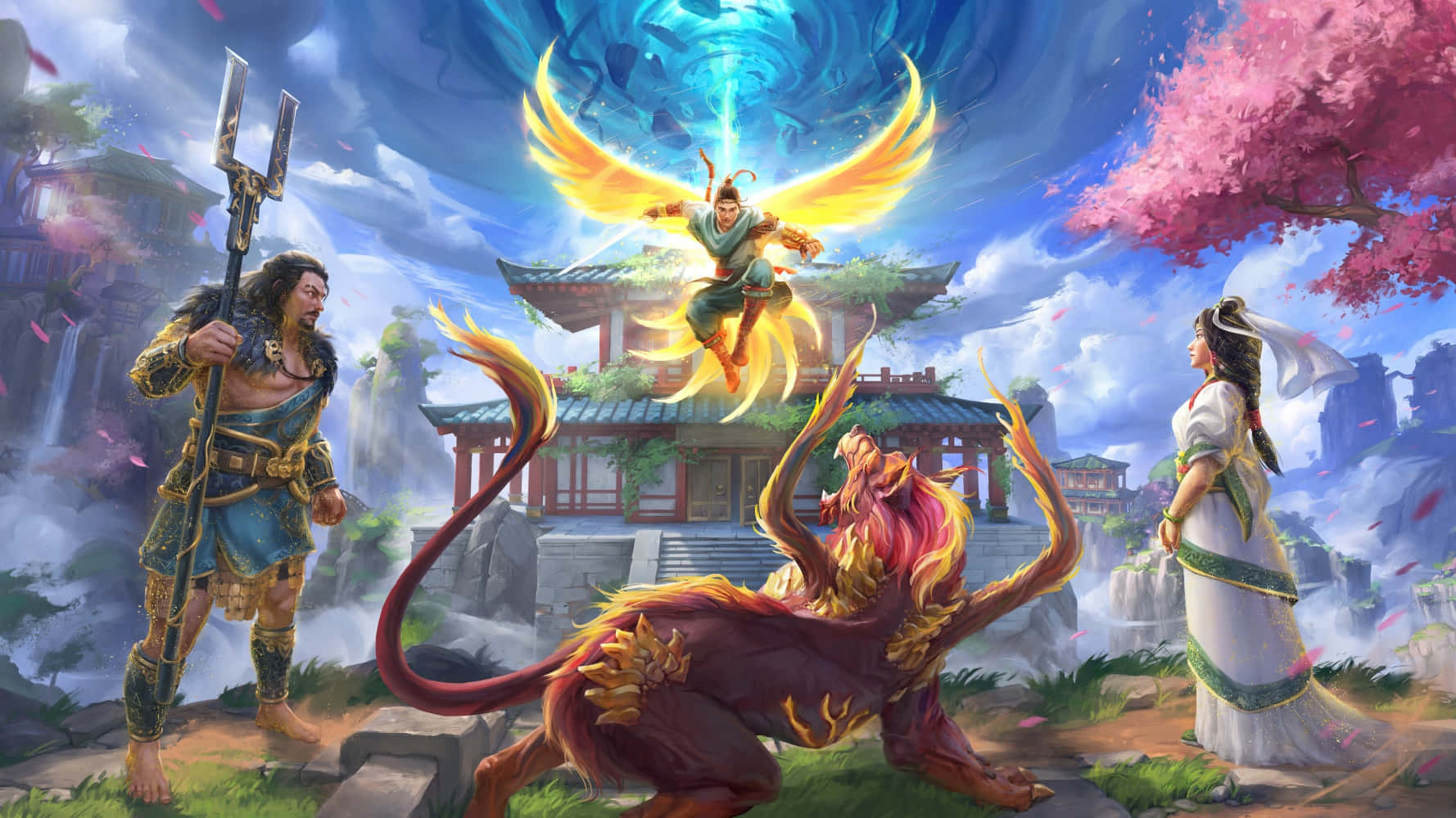 Myths 桌布 壁紙 — 一位擁有金色翅膀的神聖戰士懸浮在寺廟上方，一位肌肉發達的神手持三叉戟，一位白衣女子站在一頭火焰獅子旁邊。