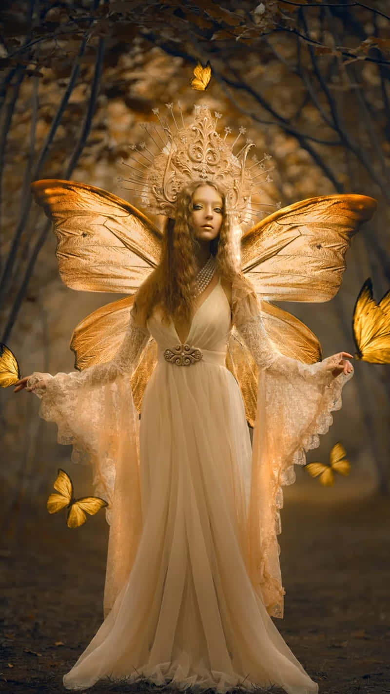 Butterfly Fancy Dress 桌布 壁紙 — 一位擁有金色蝴蝶翅膀和皇冠的閃耀仙子，優雅地站在陽光普照的秋日森林中，周圍蝴蝶翩翩飛舞。