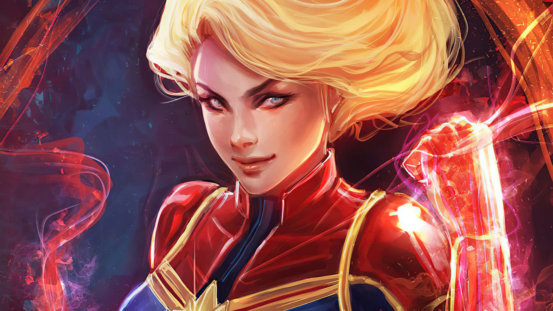 Captain Marvel HD 桌布 壁紙 — 一位擁有金色頭髮和發光紅色能量拳頭的強大女性超級英雄，在黑暗的宇宙背景下凝視著。