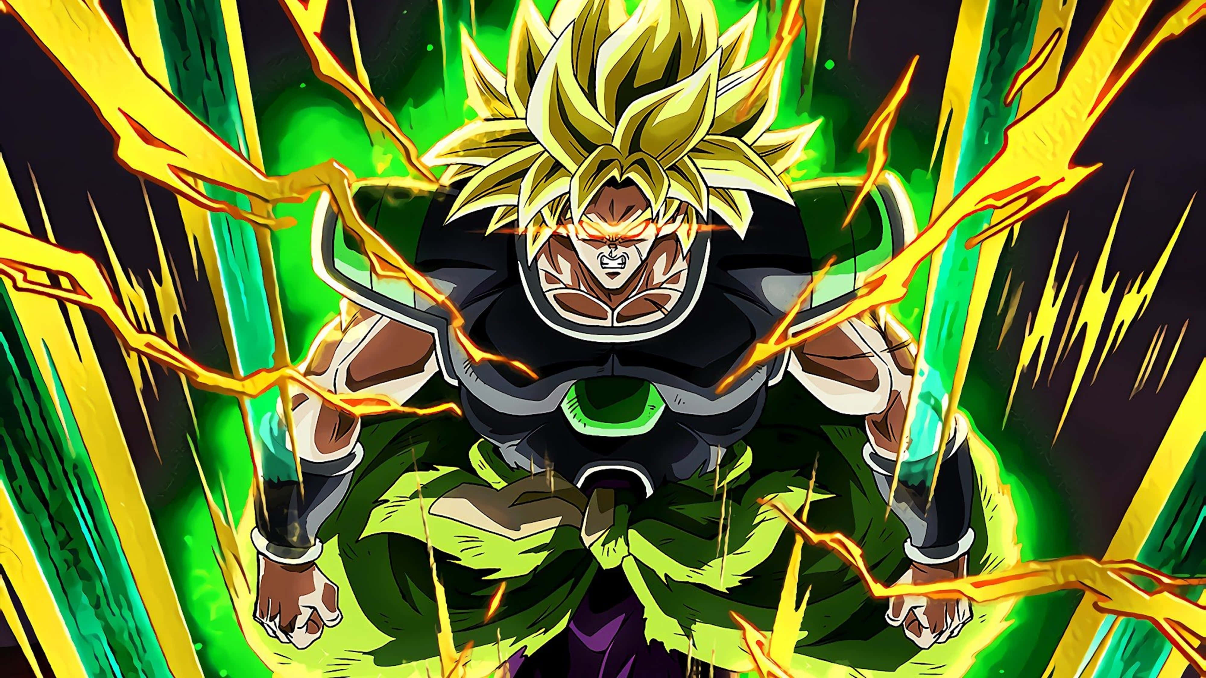 Broly 4K 桌布 壁紙 — 一位擁有金色頭髮和綠色氣場的強大動漫戰士，在動態戰鬥姿勢中散發能量。