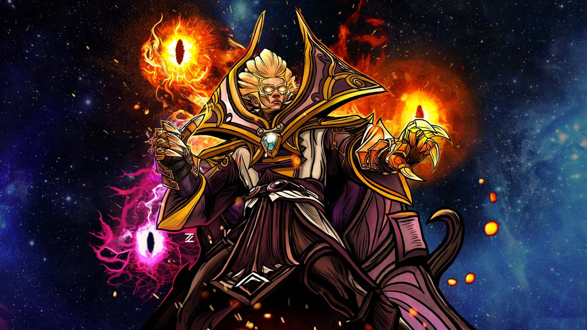 Dota 2 Invoker 桌布 壁紙 — 一位擁有金色頭髮和華麗盔甲的強大奇幻法師，在宇宙星空背景下引導火焰和閃電魔法。