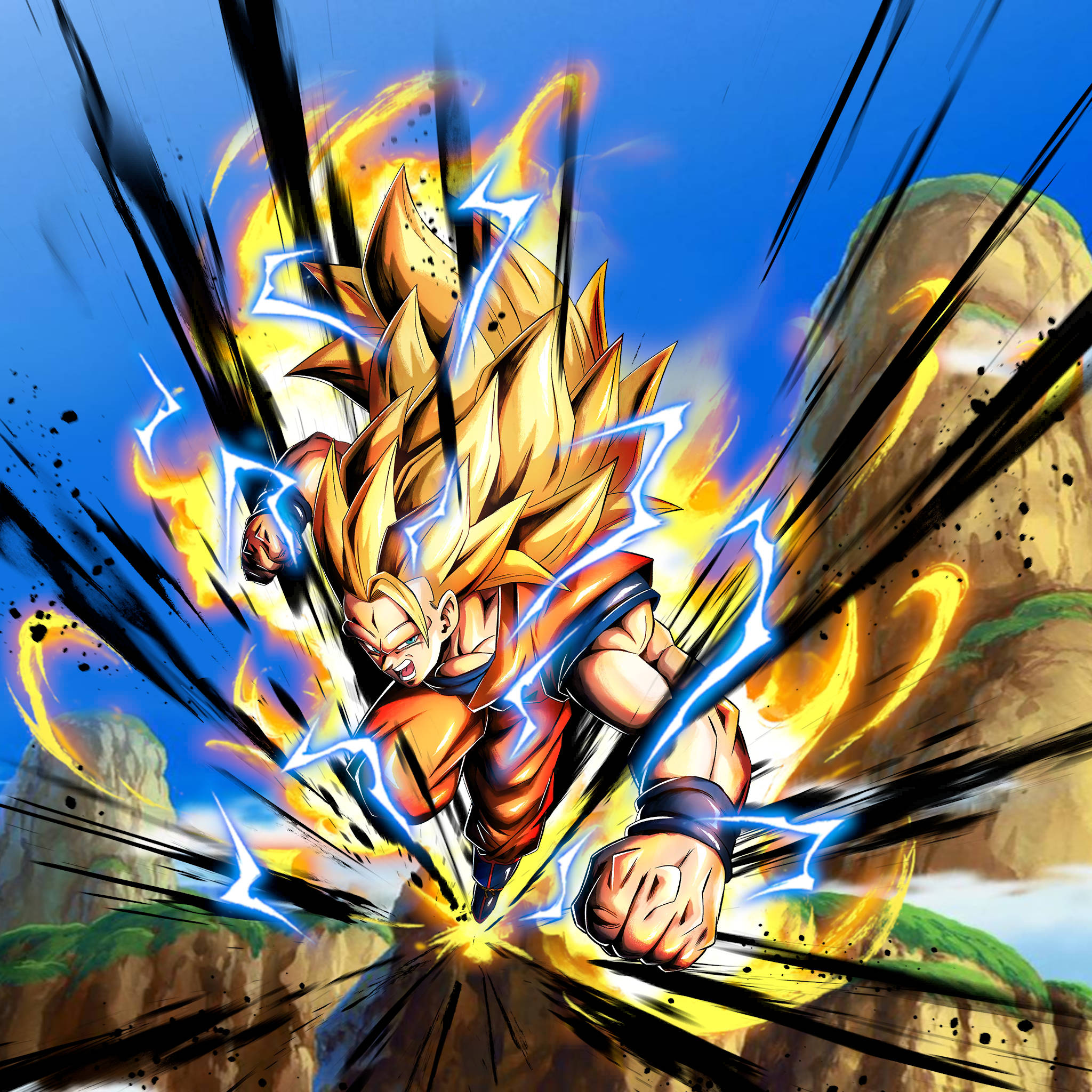 Goku Ssj3 桌布 壁紙 — 一位擁有金色頭髮和藍色閃電的強大動漫戰士，在岩石懸崖背景下，以動態的能量爆發向前衝刺。