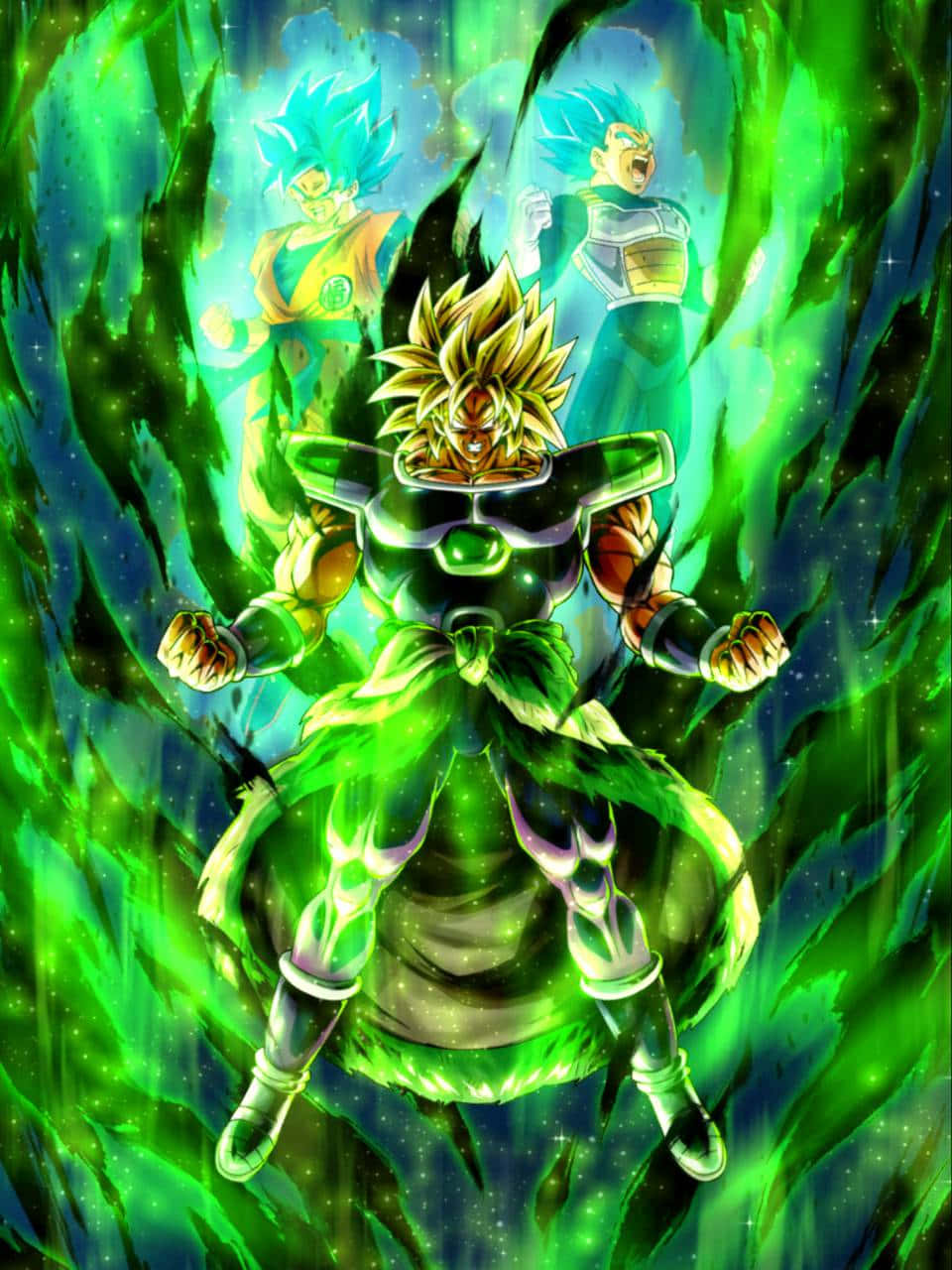 Dragon Ball Z Broly 桌布 壁紙 — 一位擁有金髮和綠色光環的強大動漫戰士站在兩個藍髮人物面前，背景是旋轉的宇宙綠色背景。