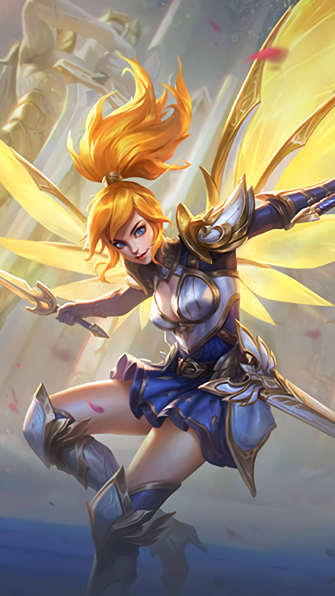 Mobile Legends 動態圖 桌布 壁紙 — 一位擁有金髮和閃耀翅膀的動態奇幻戰士，穿著華麗盔甲擺出英雄姿勢。
