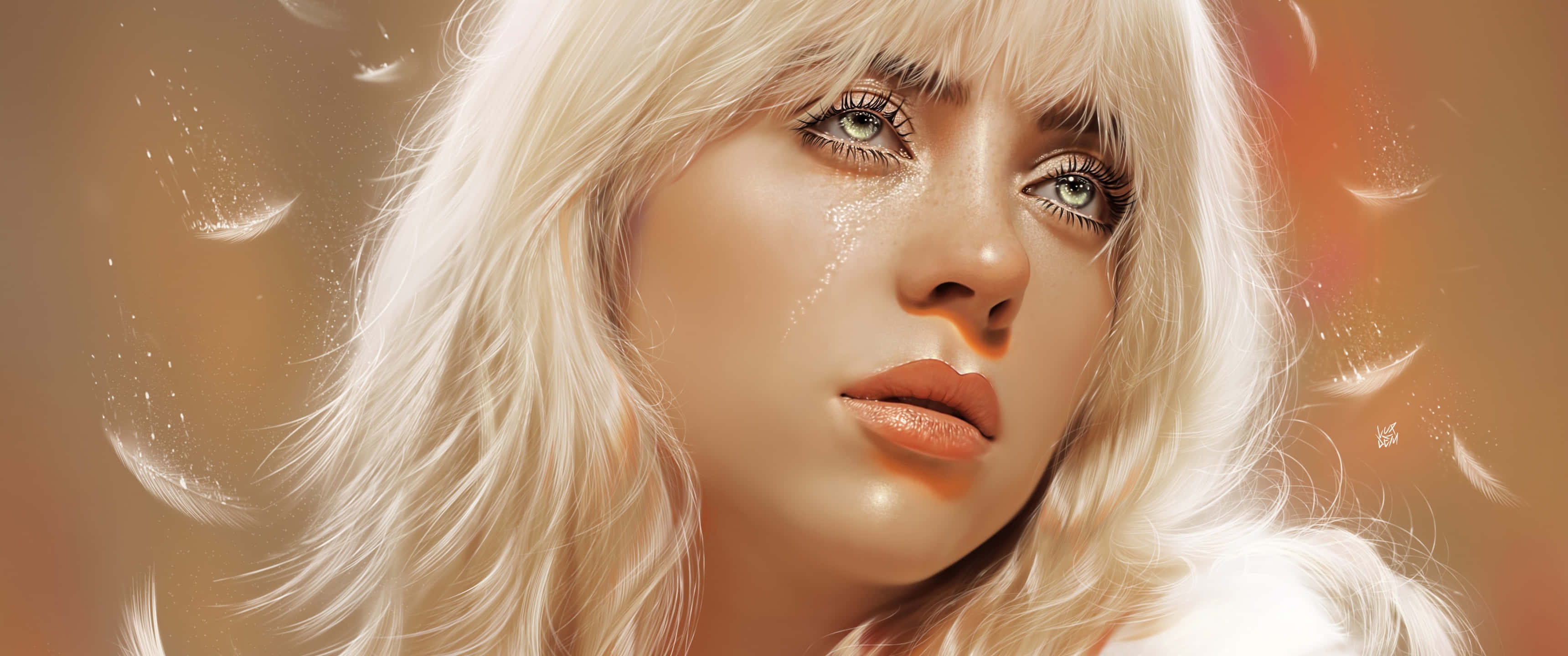 Billie Eilish 2021 桌布 壁紙 — 一位擁有鉑金色頭髮和淚痕的女性數位肖像，背景是溫暖的金色，帶有飄浮的羽毛。