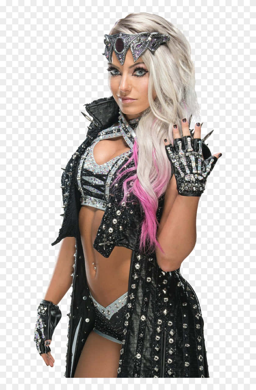 WWE 桌布 壁紙 — 一位擁有鉑金色頭髮和粉紅色挑染的摔角手，穿著黑色鉚釘服裝和尖刺手套，自信地擺姿勢。