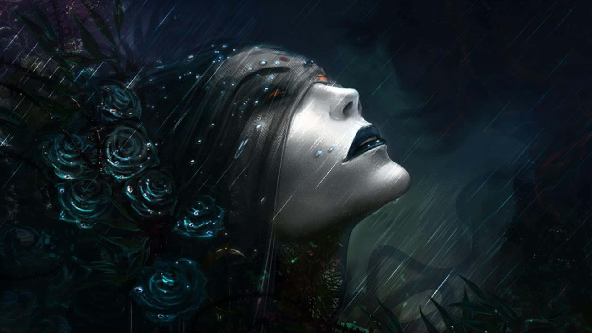 Gothic Aesthetic 桌布 壁紙 — 一位擁有銀色皮膚和深色頭髮、飾有發光藍色玫瑰的女子，在暴風雨的夜空下仰望雨中的天空。