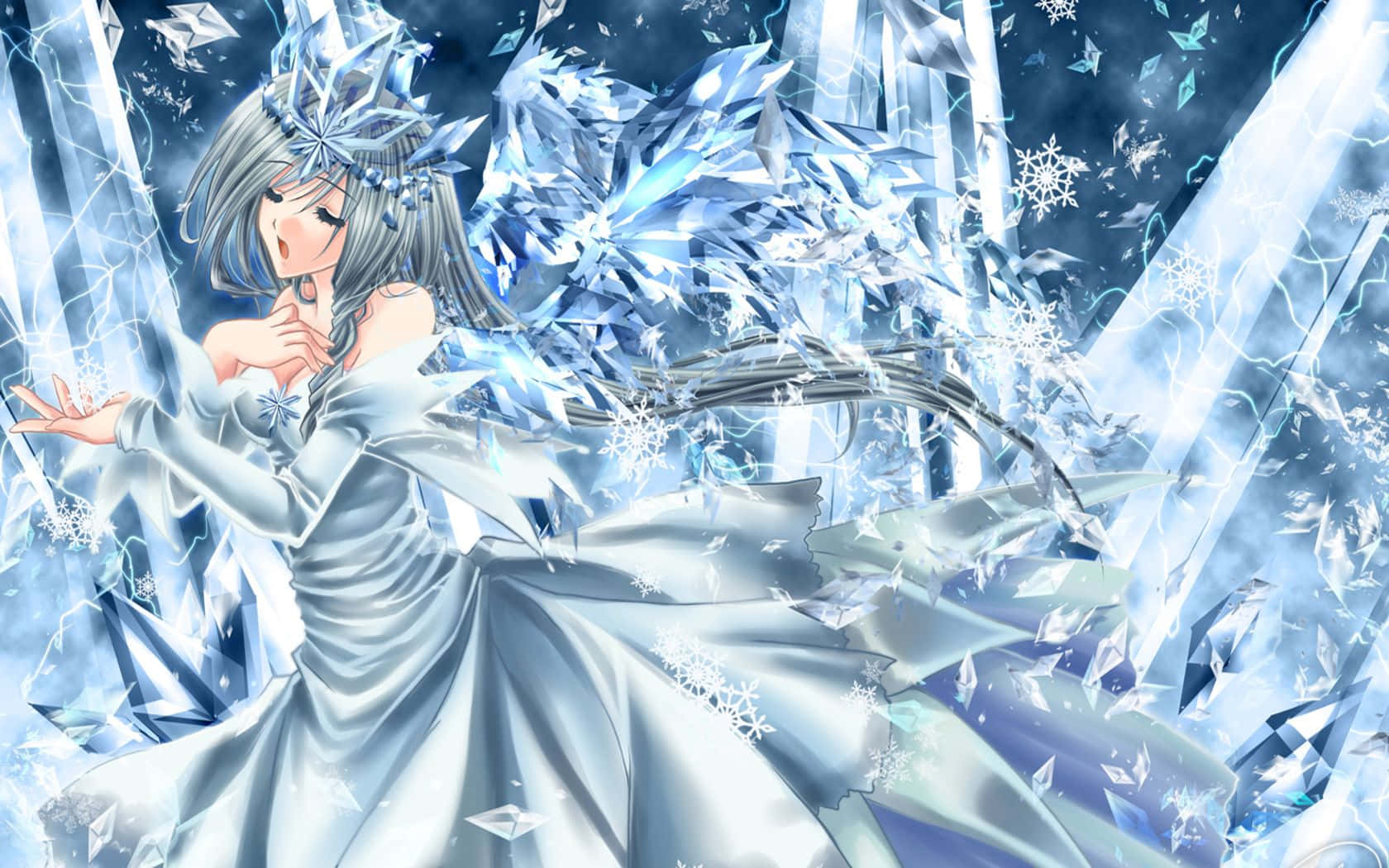 Snow Angel 桌布 壁紙 — 一位擁有銀色頭髮和冰冠的寧靜動漫女孩，在冰冷的奇幻國度中漂浮在發光的藍色水晶和雪花之間。