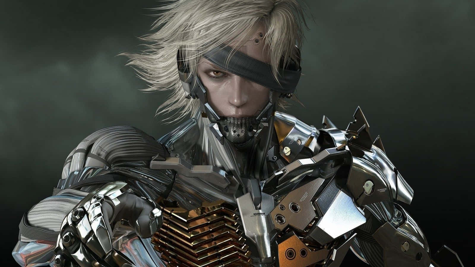 Metal Gear Solid Characters 桌布 壁紙 — 一位擁有銀色頭髮和機械裝甲的賽博格戰士，在黑暗煙霧背景中凝視著。