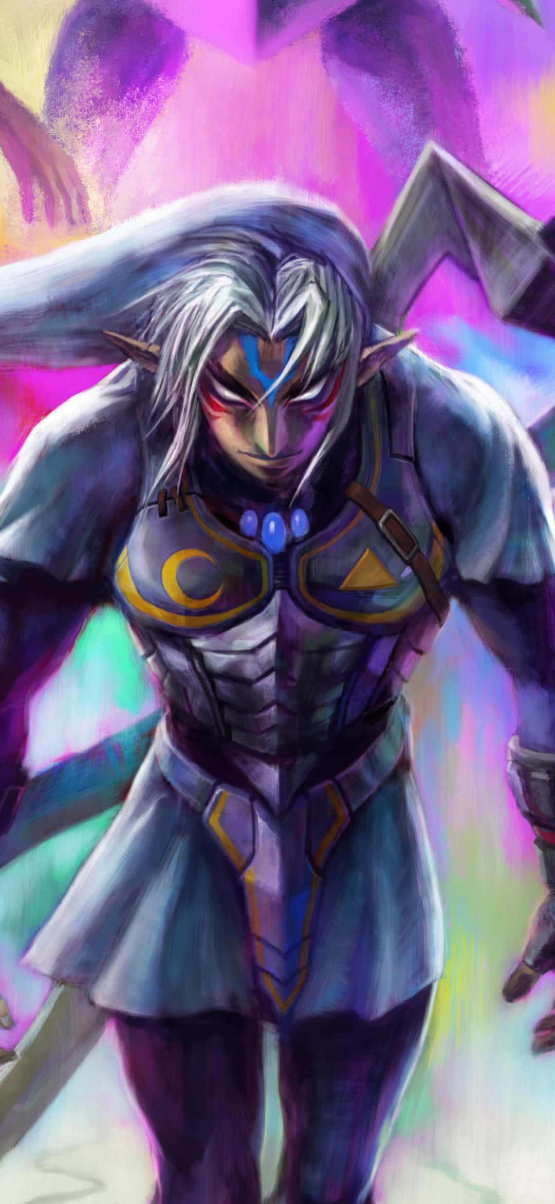 Zelda Phone 桌布 壁紙 — 一位擁有銀色頭髮和發光眼睛的兇猛動漫戰士，以動態姿勢站在充滿活力的紫色和粉紅色能量背景前。