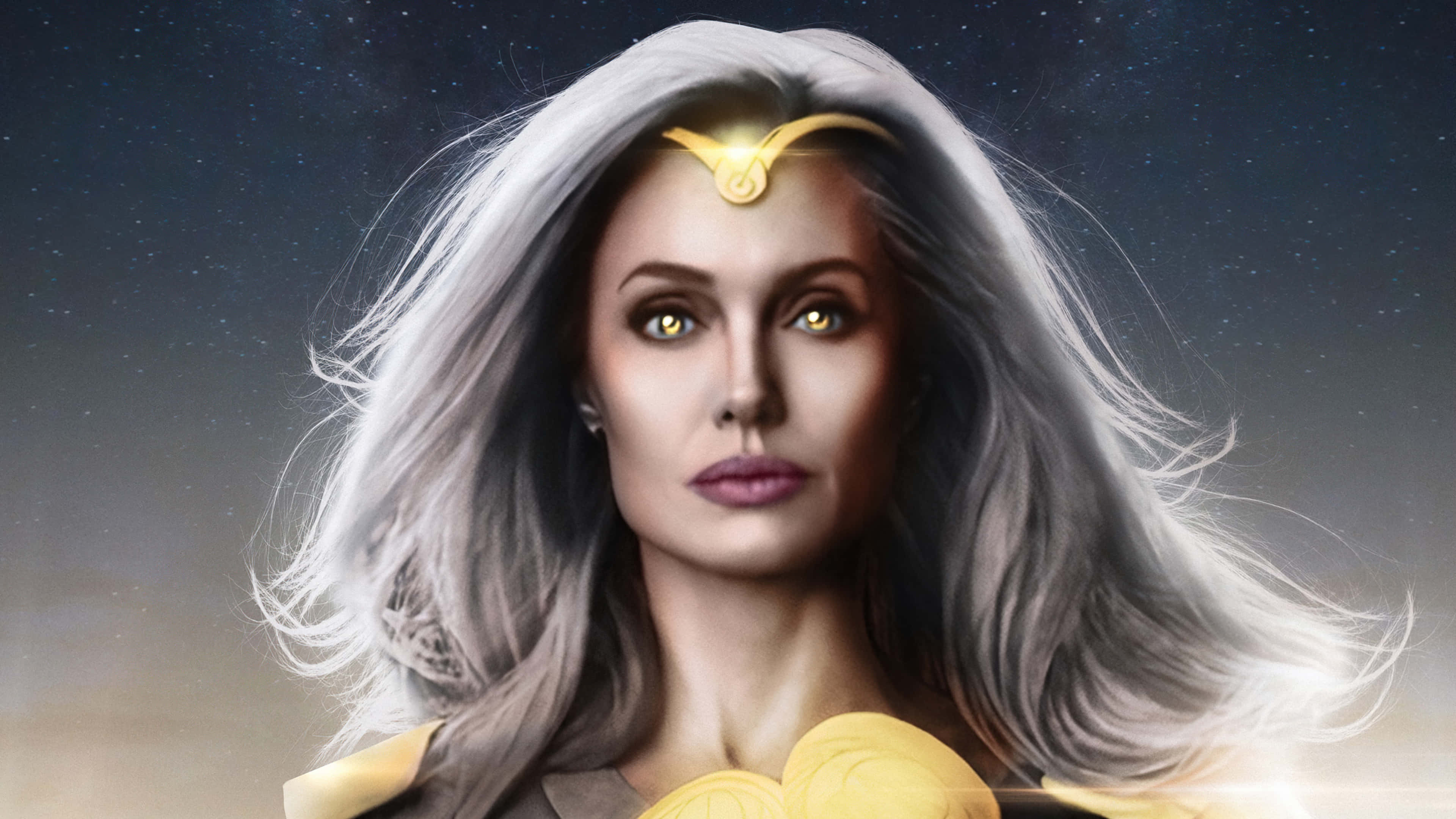 Woman Beautiful 桌布 壁紙 — 一位擁有銀色頭髮和發光金色眼睛的強大女性，在星光宇宙背景下戴著閃耀的王冠。