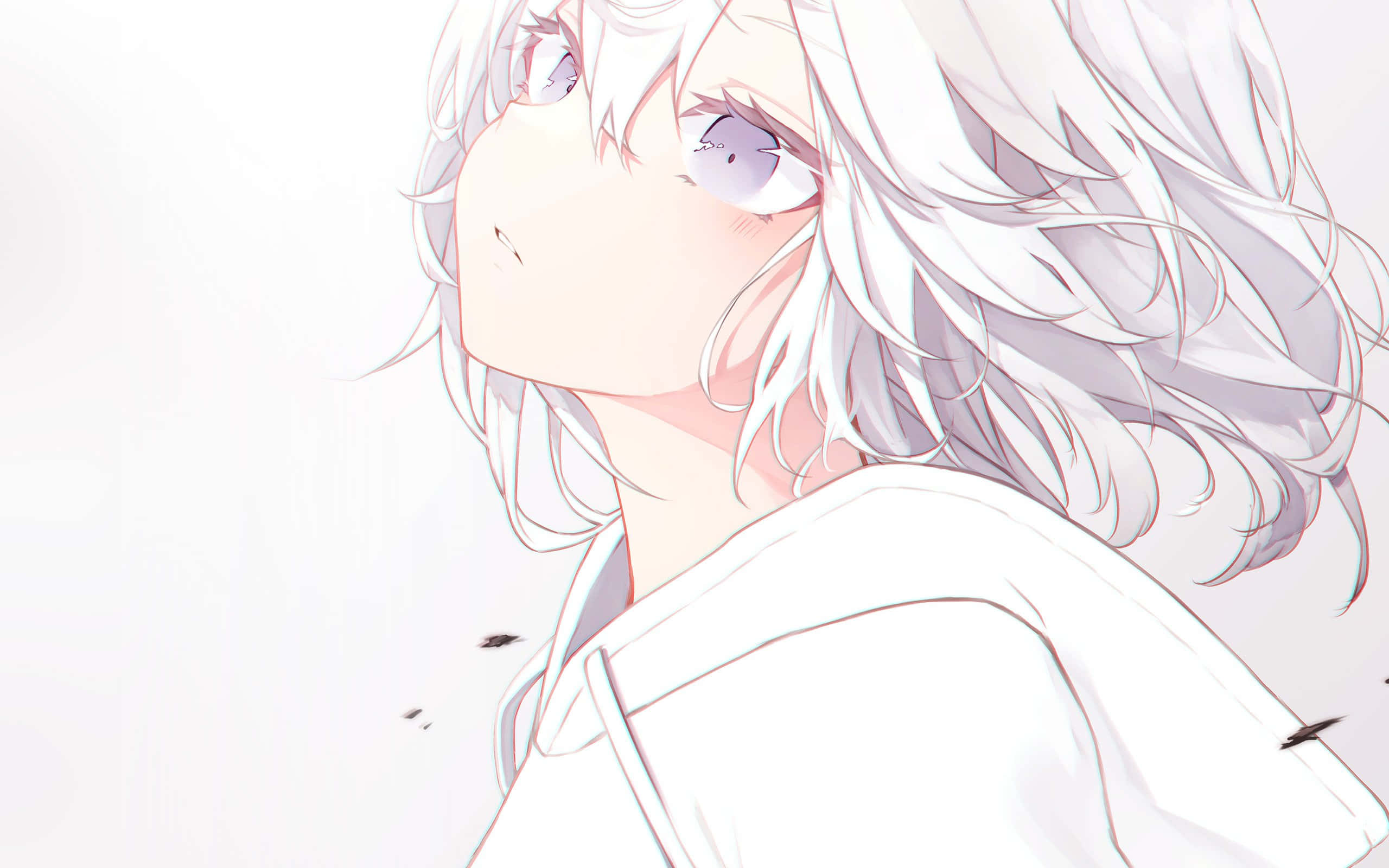 Aesthetic Anime Pfp 桌布 壁紙 — 一位擁有銀色頭髮和紫色眼睛的寧靜動漫女孩，在柔和粉彩光線中向上凝視。
