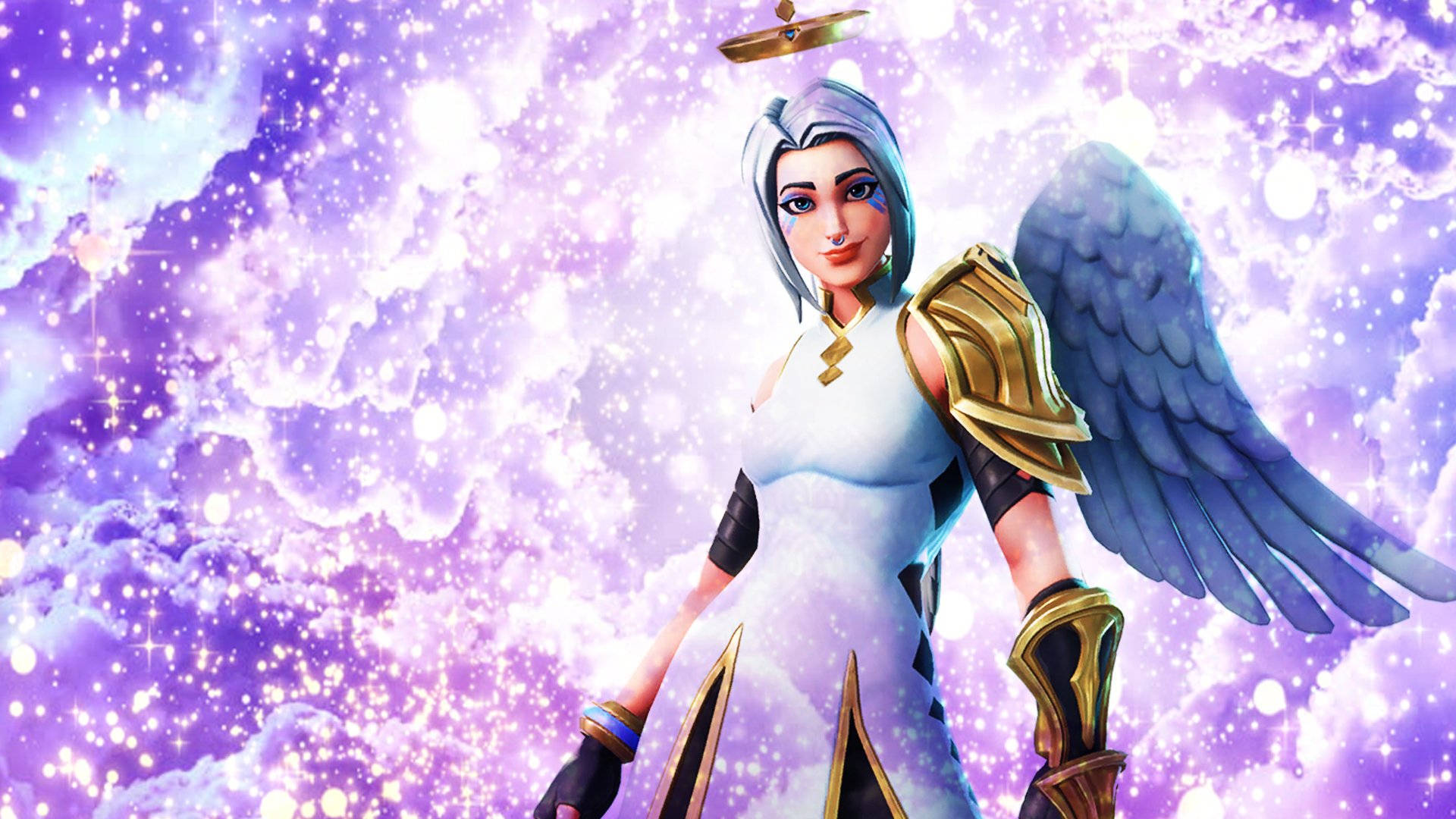 Fortnite 造型 桌布 壁紙 — 一位擁有銀色頭髮和金色盔甲的女性天使角色，站在閃爍的紫色和白色宇宙天空前。