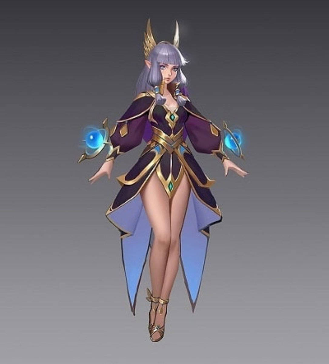 Guinevere 桌布 壁紙 — 一位擁有銀色頭髮和金色角的奇幻精靈法師，身穿紫色和金色服裝，懸浮在半空中，揮舞著發光的藍色球體。
