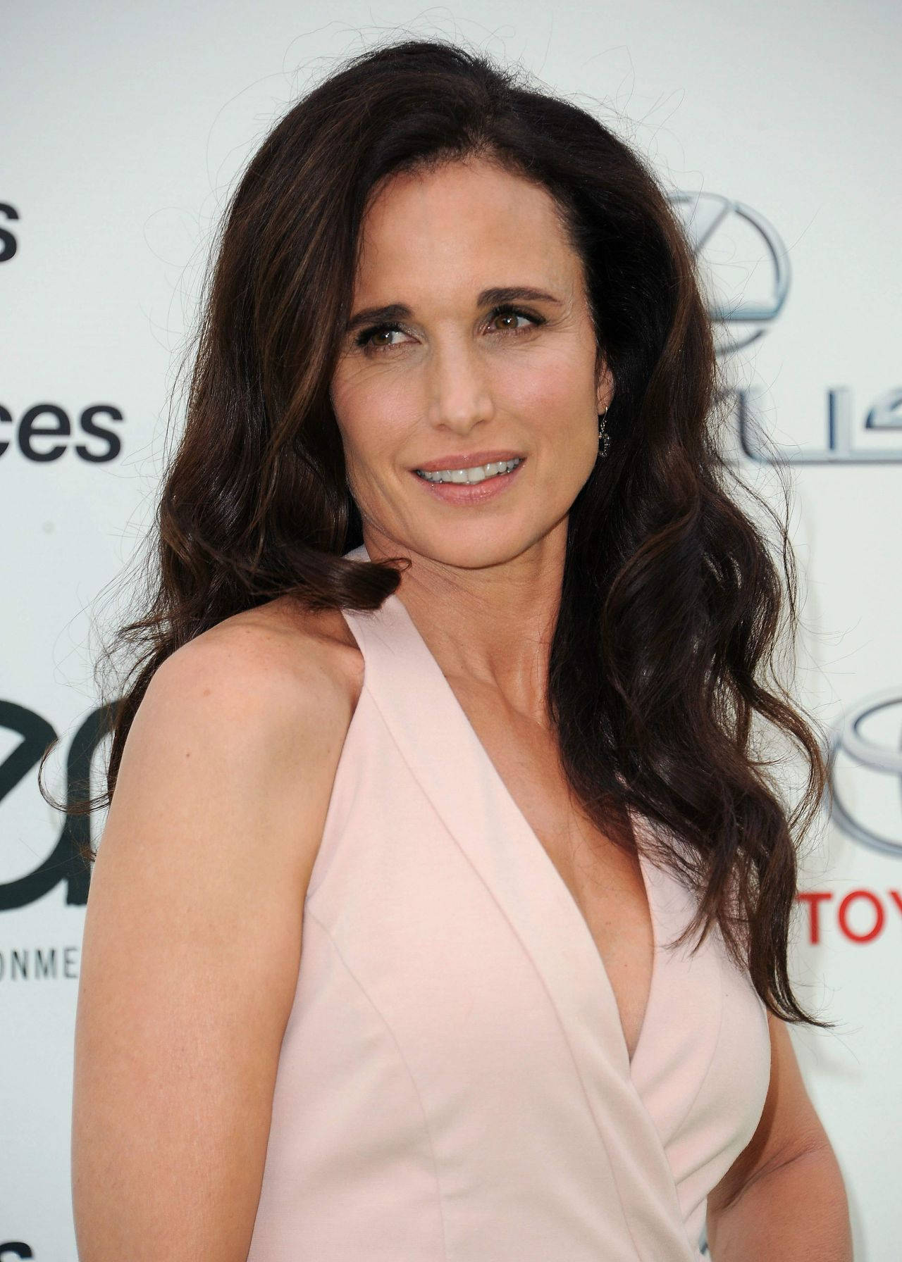 andie macdowell 桌布 壁紙 — 一位擁有長深色波浪髮的女性，穿著淺粉紅色掛頸連衣裙，在品牌活動背景前微笑。
