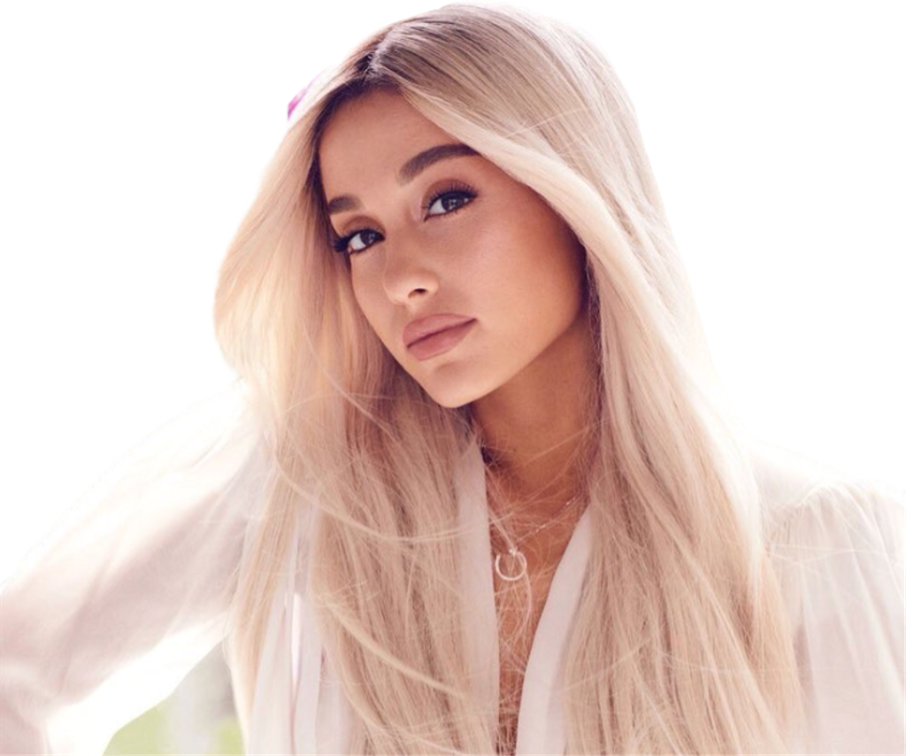 Ariana Grande Cute 桌布 壁紙 — 一位擁有長白金髮和柔和妝容的女性，穿著白色襯衫，在黑色背景前直視鏡頭。