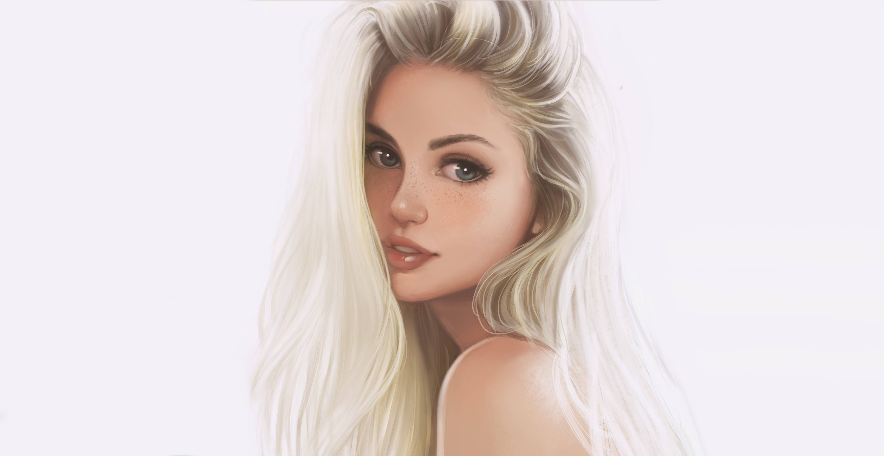blonde 桌布 壁紙 — 一位擁有長白金髮和溫柔眼神的女性，在純白背景前的柔和數位肖像。