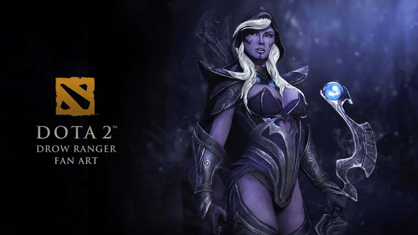 1366x768 Dota 2 桌布 壁紙 — 一位擁有長白髮和發光藍色球體武器的黑暗奇幻戰士，站在陰影迷霧中。