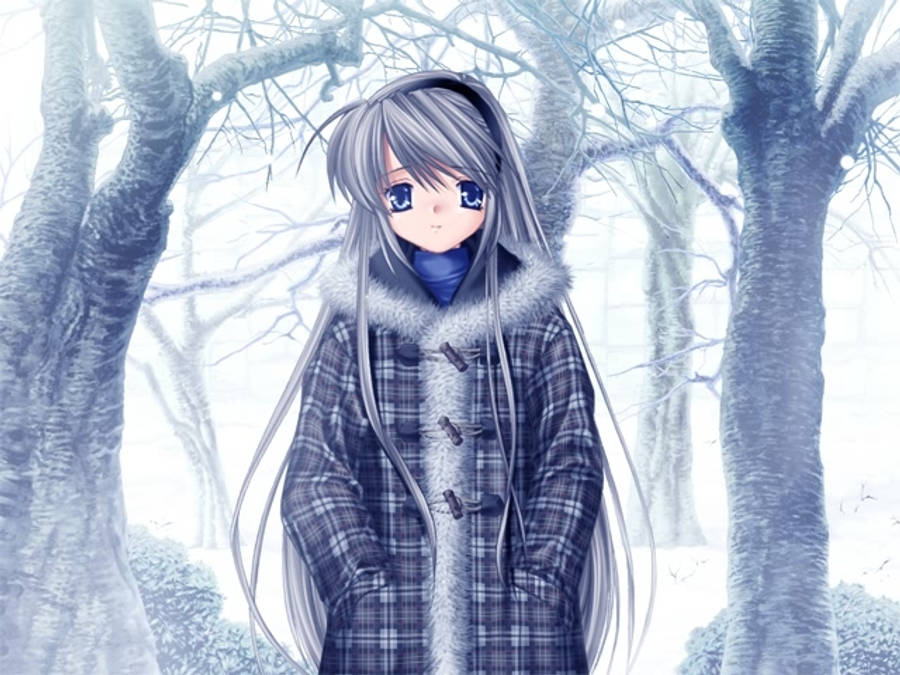 Clannad 桌布 壁紙 — 一位擁有長銀髮和藍眼睛的年輕動漫女孩，穿著帶有毛邊的格紋冬季外套，站在雪地森林中。