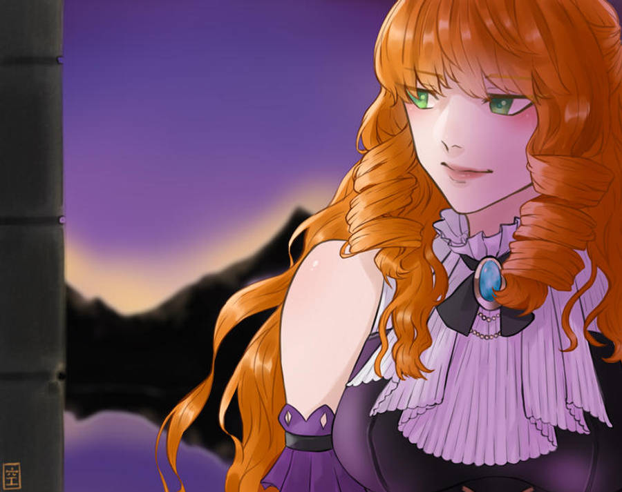 Guinevere 桌布 壁紙 — 一位擁有長長橙色頭髮和綠色眼睛的動漫女孩，在紫色暮色天空和剪影山脈的背景下溫柔地凝視著。