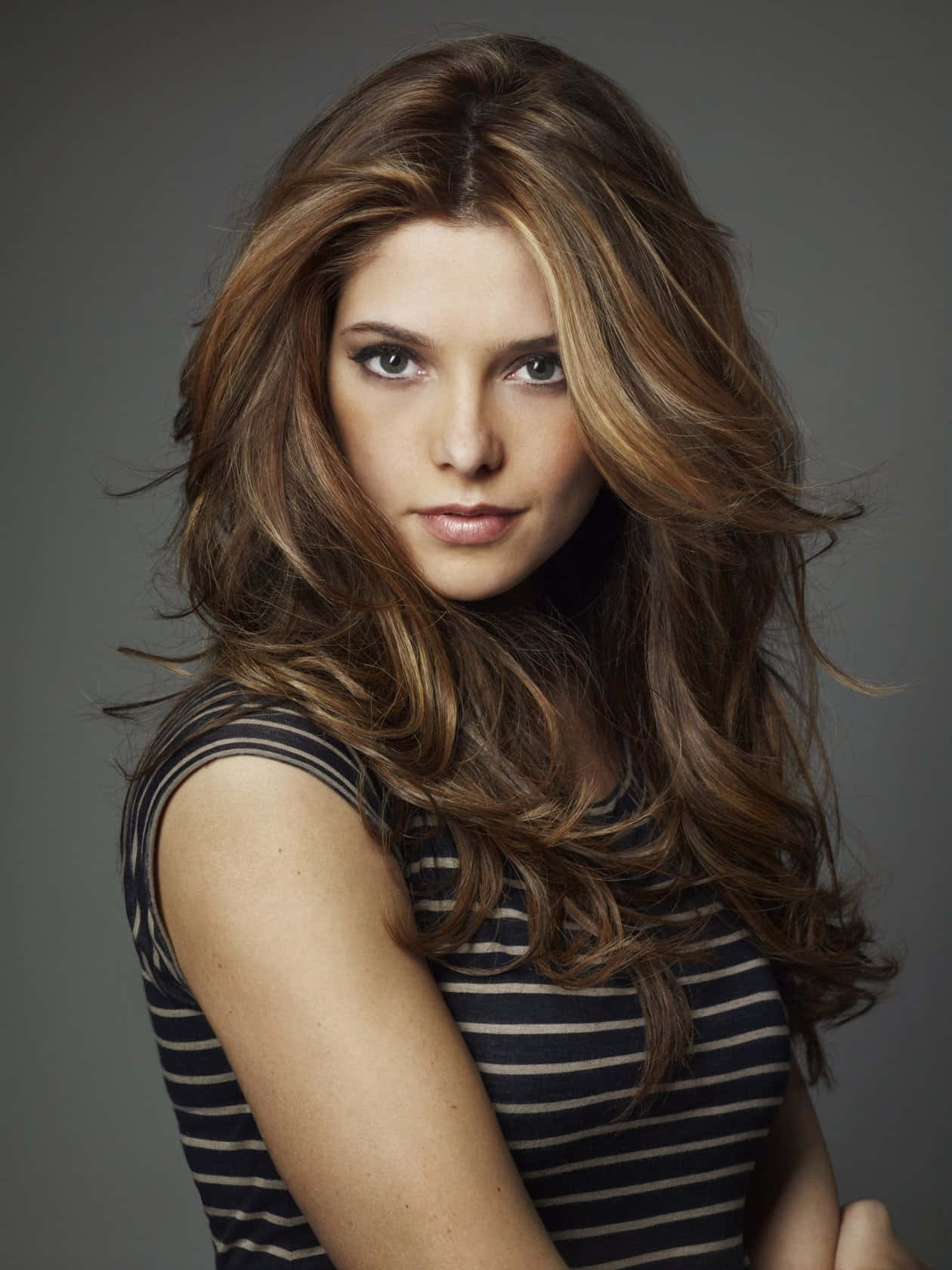 ashley greene 桌布 壁紙 — 一位擁有長長波浪棕色頭髮和銳利眼神的女性，穿著條紋上衣，背景為中性灰色。