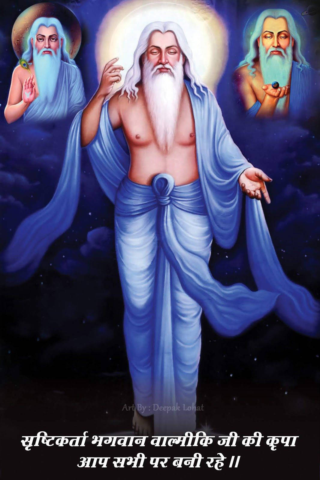guru nanak dev ji 桌布 壁紙 — 一位擁有長長白髮和藍色長袍的神聖人物，在繁星點點的夜空下居中站立，兩側有兩位空靈的存在，全都散發著靈性能量。