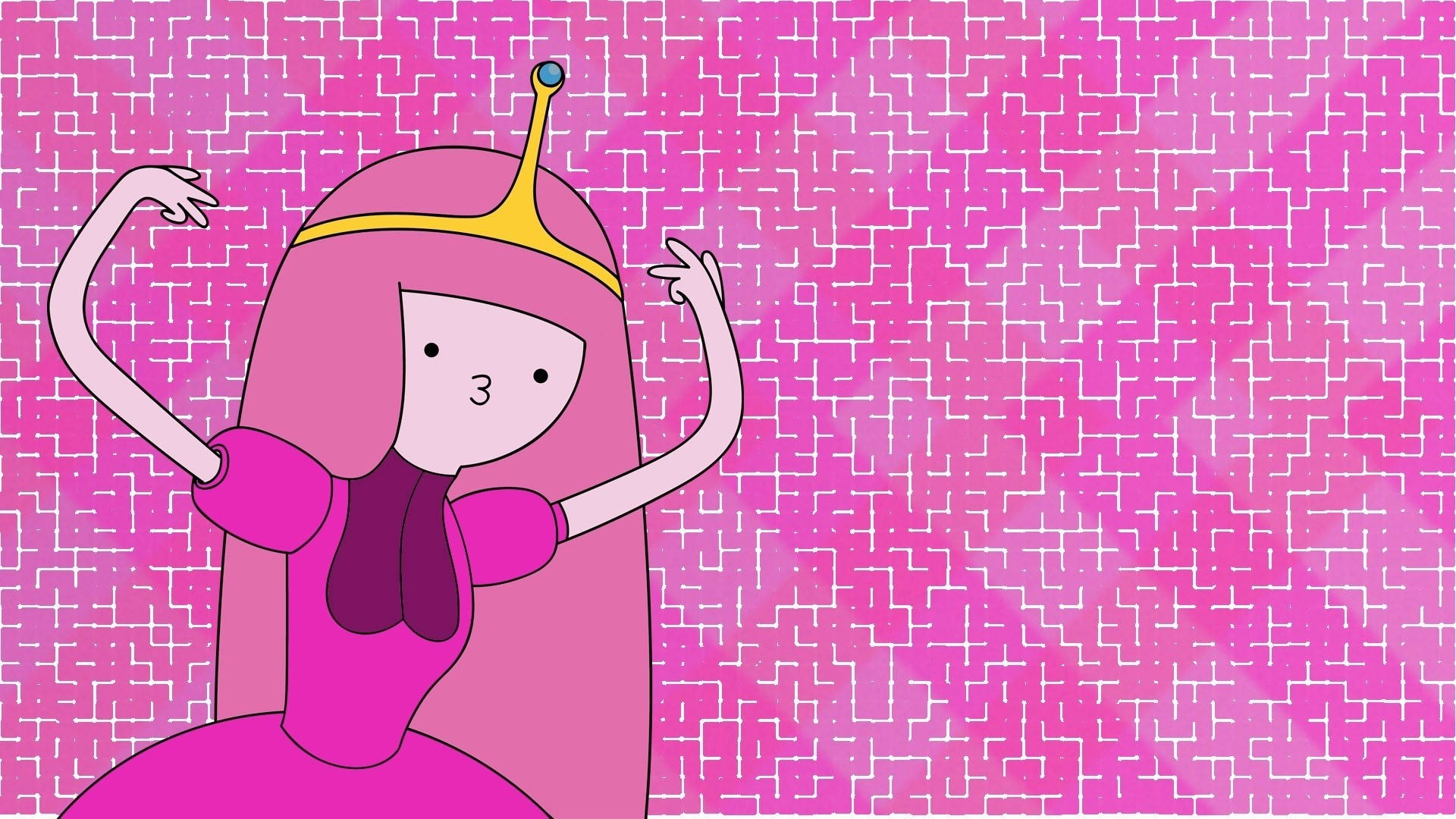 Princess 桌布 壁紙 — 一位擁有長長粉紅色頭髮和皇冠的卡通公主，在充滿活力的粉紅色幾何圖案背景上跳舞。