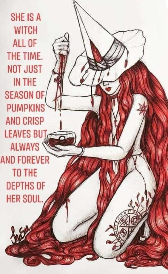 Witchy Phone 桌布 壁紙 — 一位擁有長長紅髮、戴著沾血尖帽的女巫，跪著將小瓶中的液體倒入杯中。