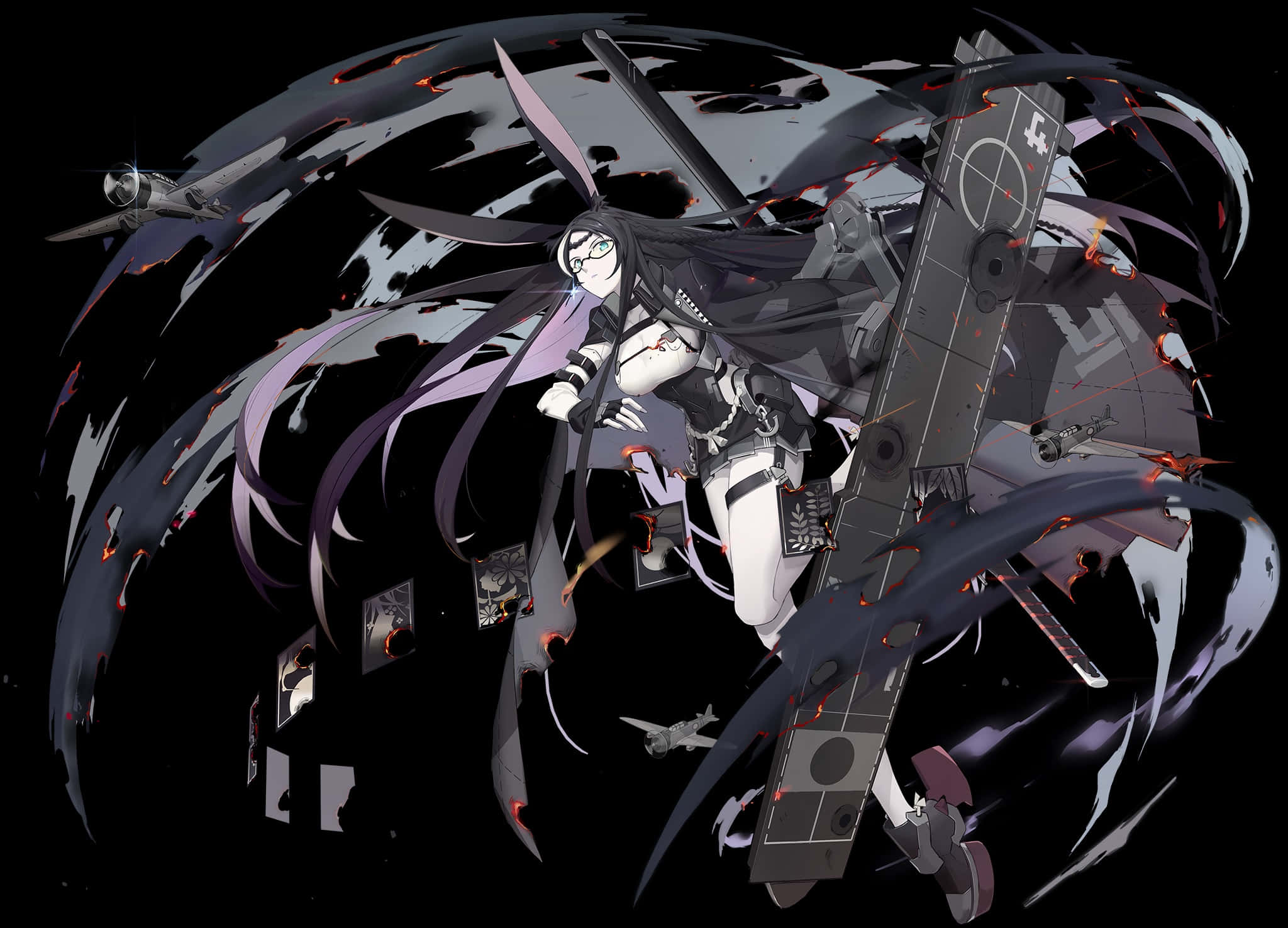 Azur Lane Souryuu 桌布 壁紙 — 一位擁有長長紫色頭髮和兔耳朵的動漫女孩，在黑暗旋轉的背景中揮舞著巨大的軍艦螺旋槳，周圍有戰鬥機。