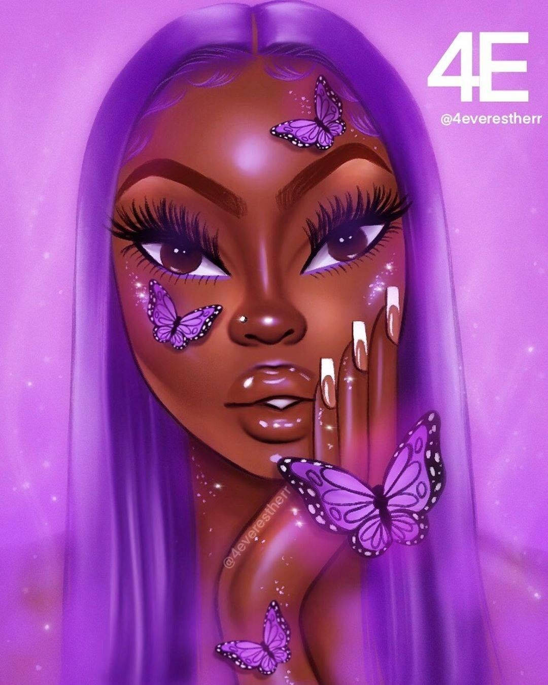 Black Girl 桌布 壁紙 — 一位擁有長長紫色頭髮的女性的數位肖像，蝴蝶在她臉龐周圍翩翩飛舞，背景是發光的紫色。