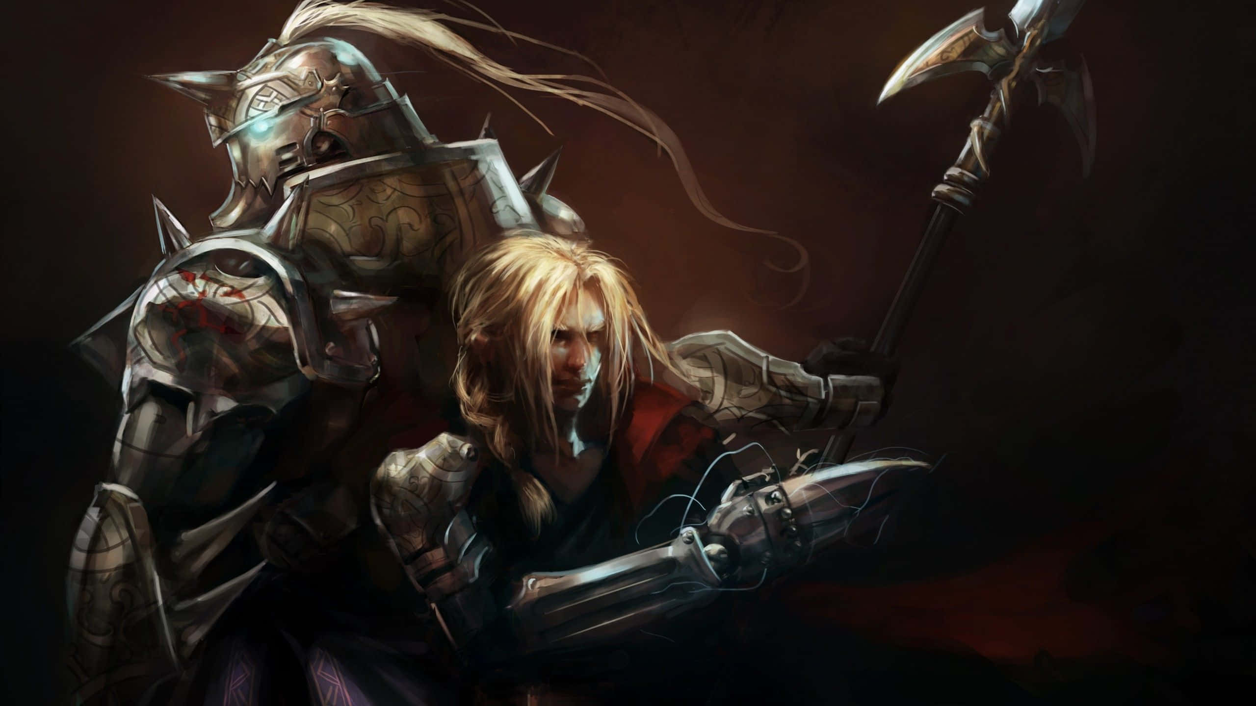 edward elric 桌布 壁紙 — 一位擁有長長金髮和機械手臂的戰士，站在一位手持戰斧、身穿盔甲的巨騎士旁邊，場景黑暗而戲劇化。