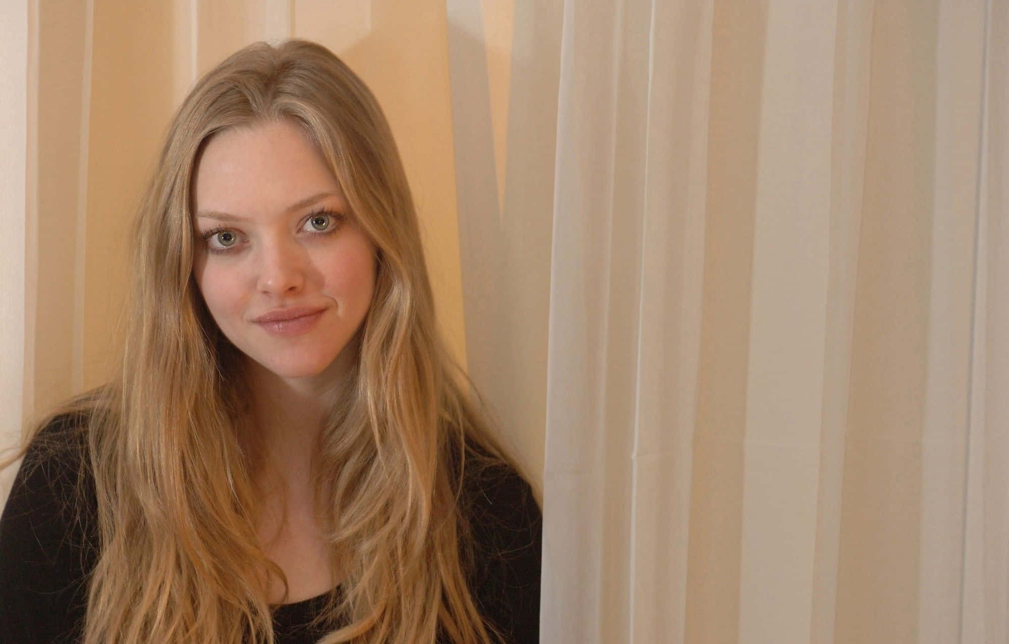 Amanda Seyfried 桌布 壁紙 — 一位擁有長長金髮和綠色眼睛的女性，輕輕微笑著靠在米白色垂直百葉窗上。