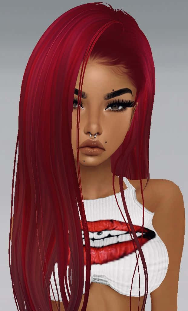imvu 桌布 壁紙 — 一位擁有長長鮮紅頭髮和誇張妝容的女性數位肖像，身穿帶有紅色嘴唇圖案的白色上衣。