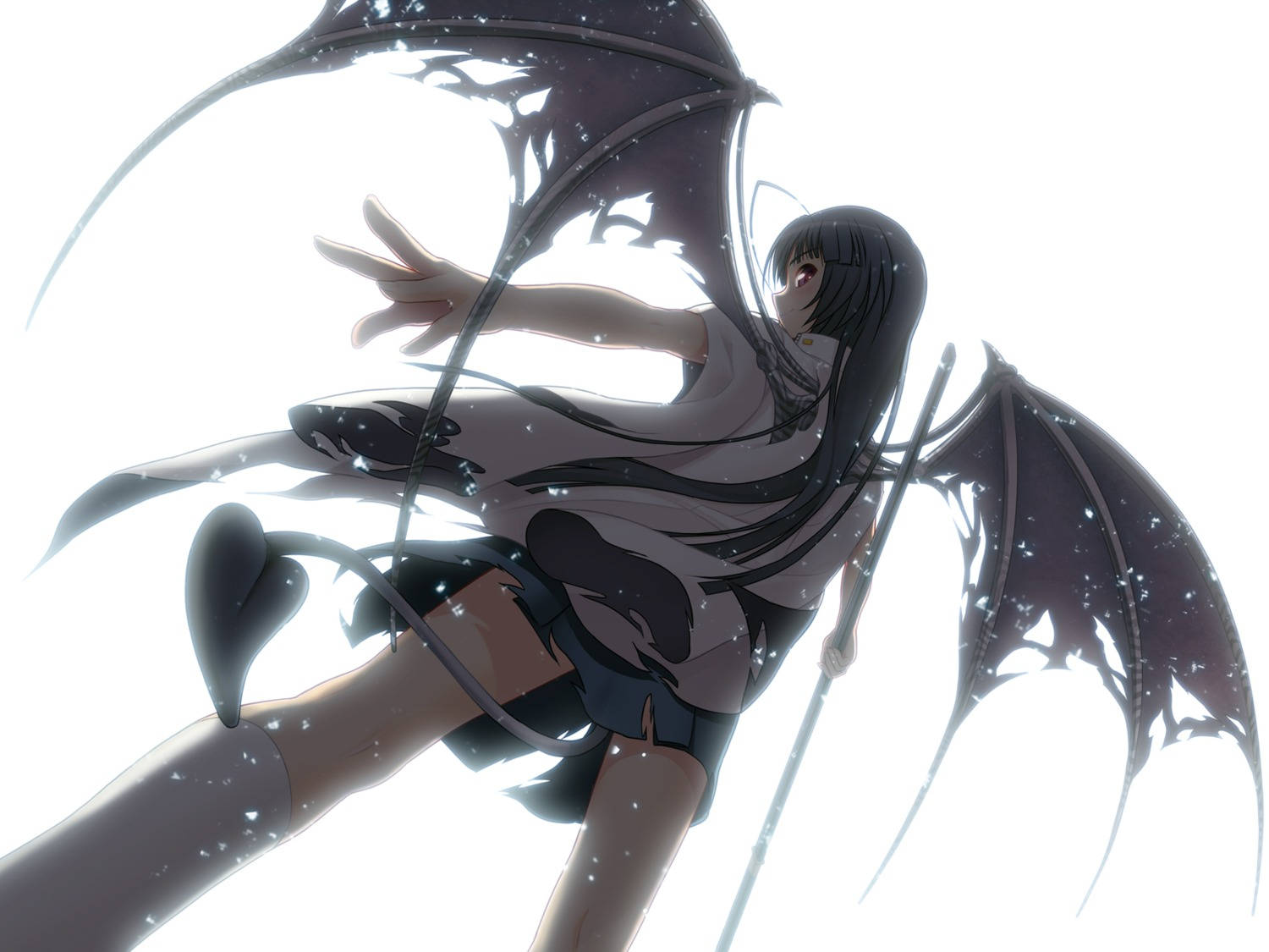 Sad Demon Girl 桌布 壁紙 — 一位擁有長長黑髮和尾巴的深色翅膀動漫女孩，在帶有閃爍粒子的明亮白色背景上優雅地漂浮。