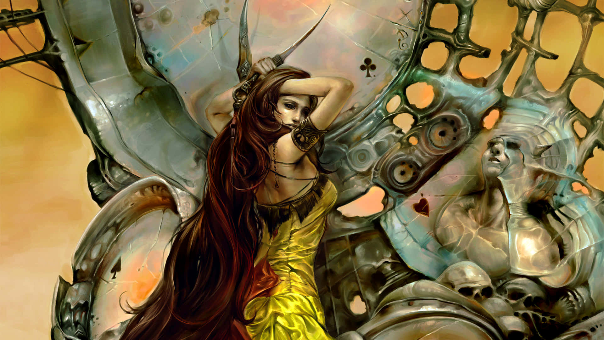 Fine Arts 桌布 壁紙 — 一位擁有長長黑髮和華麗盔甲的幻想女性，站在破碎的機械翅膀和頭骨之間，構成超現實、如夢似幻的場景。