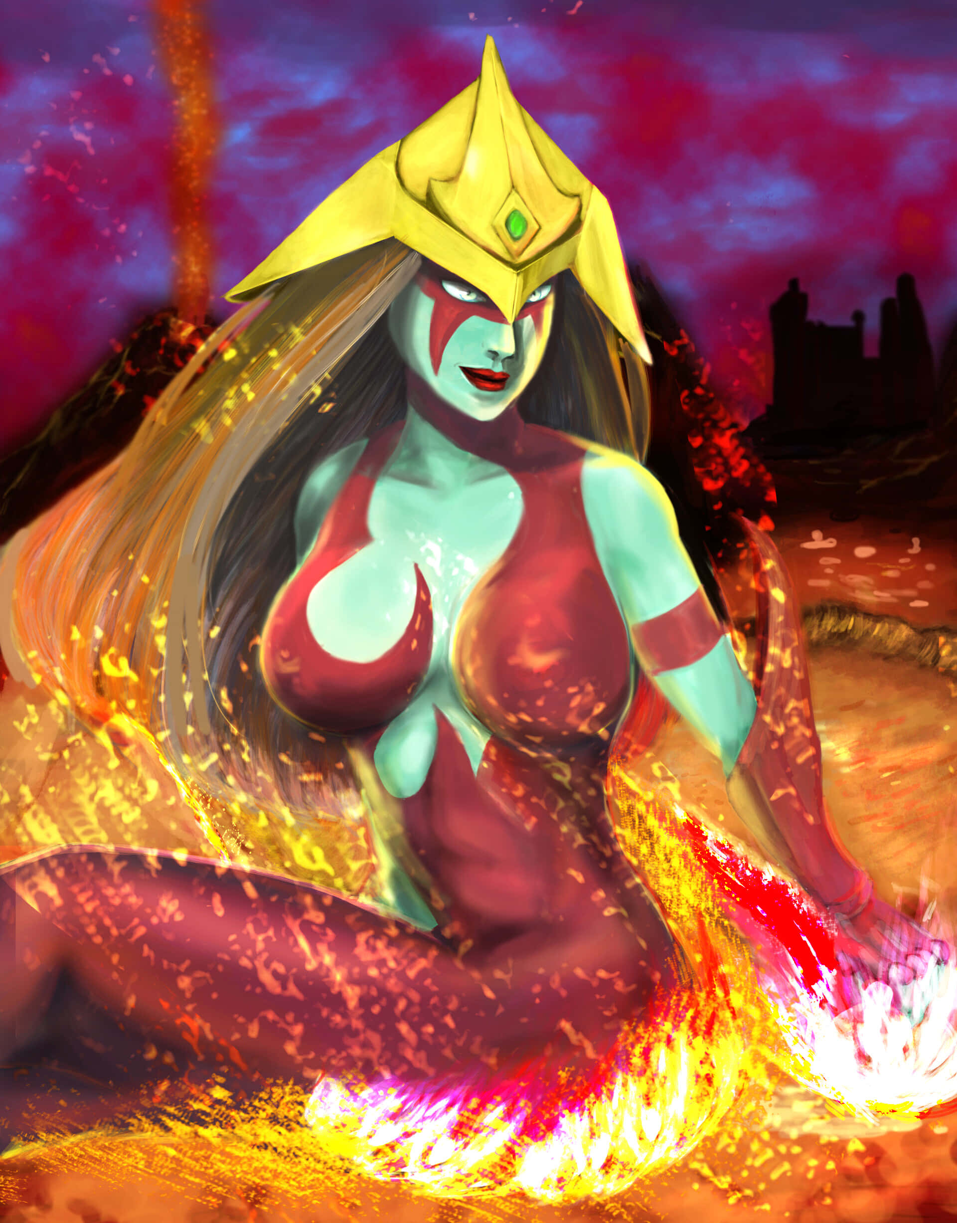 Yugioh Elemental Hero 桌布 壁紙 — 一位擁有青綠色皮膚和金色皇冠的火熱動漫女神，在戲劇性的紅色和紫色天空下，坐在熔岩和熔岩岩石之中。
