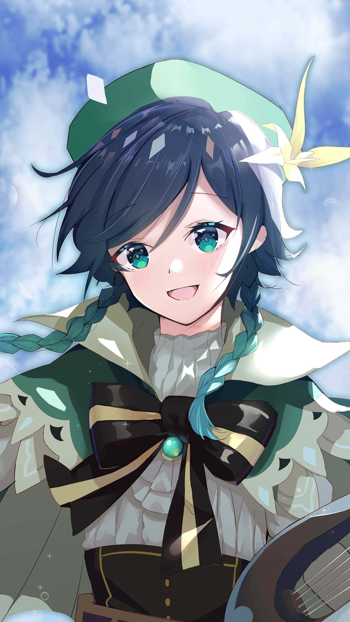 Genshin Impact Characters 桌布 壁紙 — 一位擁有青綠色眼睛和辮子深色頭髮的開朗動漫女孩，在藍天白雲下微笑。
