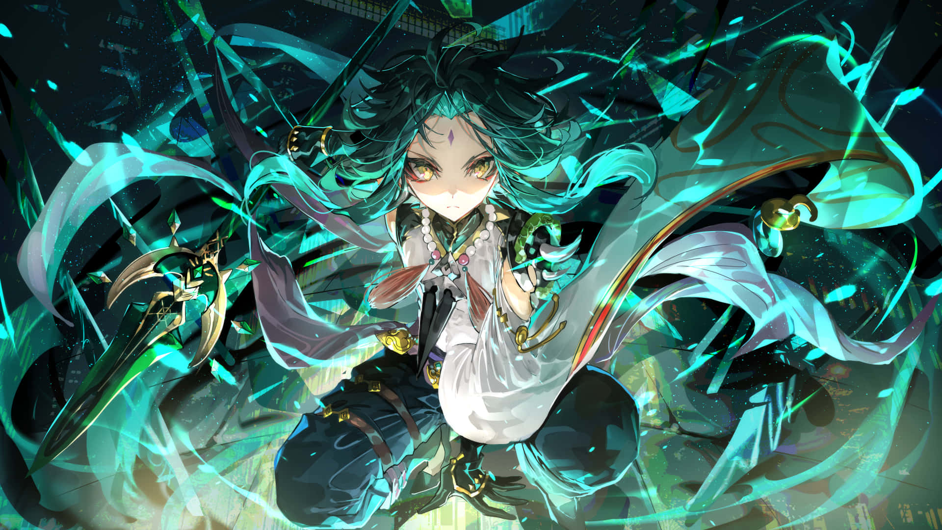 Genshin Impact Xiao 桌布 壁紙 — 一位擁有青綠色頭髮和發光眼睛的動漫女孩，在旋轉的綠色能量中以動態姿勢揮舞著劍。