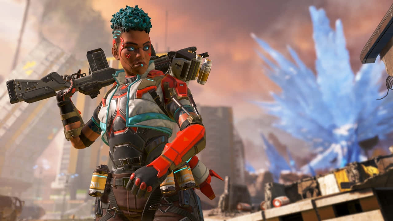 720p Apex Legends 桌布 壁紙 — 一位擁有青綠色頭髮和發光眼睛的未來戰士，在戰火摧殘的城市中準備就緒，身後有藍色能量爆炸。
