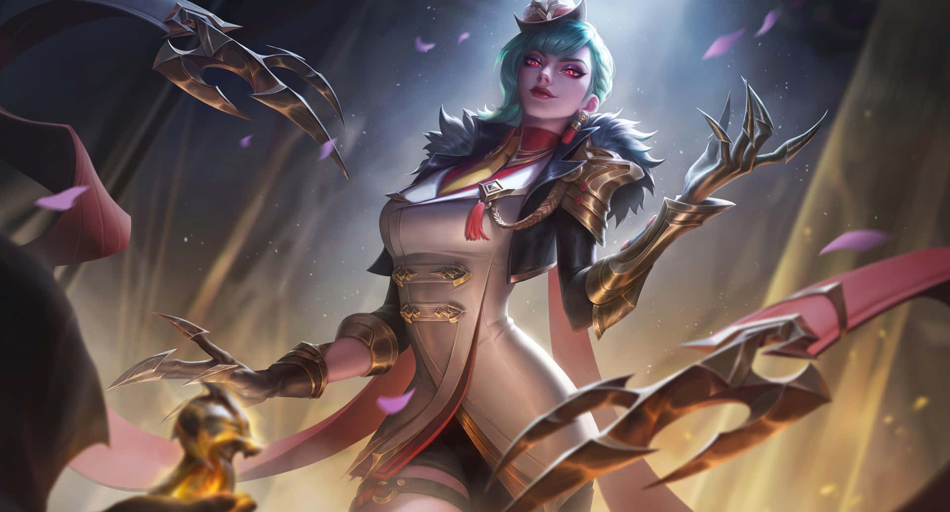 Mobile Legends 動態圖 桌布 壁紙 — 一位擁有青綠色頭髮和華麗盔甲的兇猛奇幻戰士，在飄浮的花瓣和發光的光線中蓄勢待發。