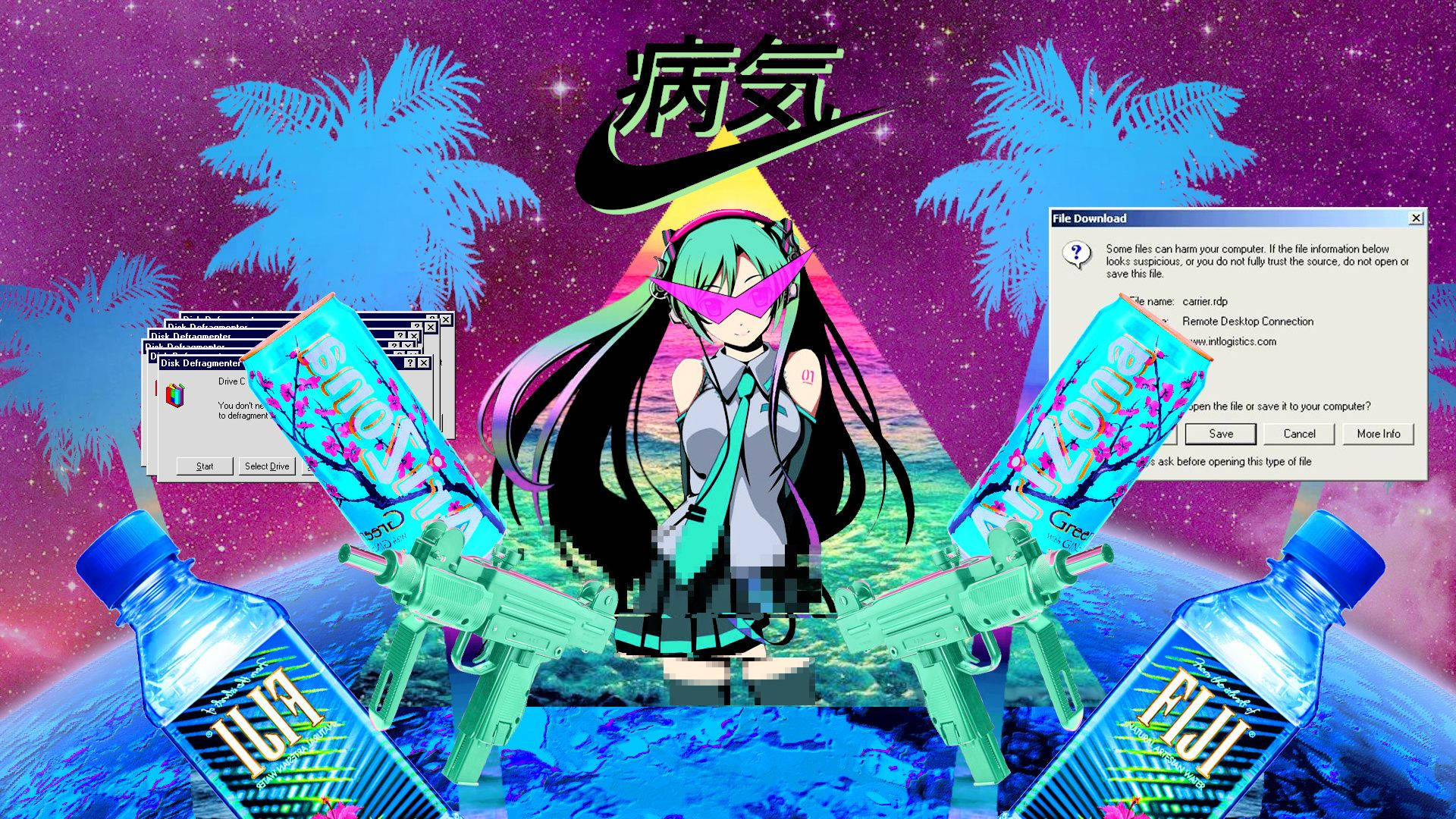 桌布 壁紙 — 一位擁有青綠色頭髮的動漫女孩站在一個星球上，周圍是故障的棕櫚樹和汽水瓶，背景是繁星點點的紫色天空。