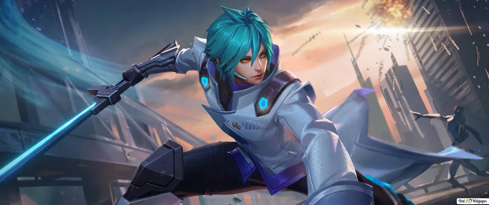 Mobile Legends 動態圖 桌布 壁紙 — 一位擁有青綠色頭髮的動漫戰士，身穿未來裝甲，在夕陽下用發光的劍劈向崩塌的城市景觀。