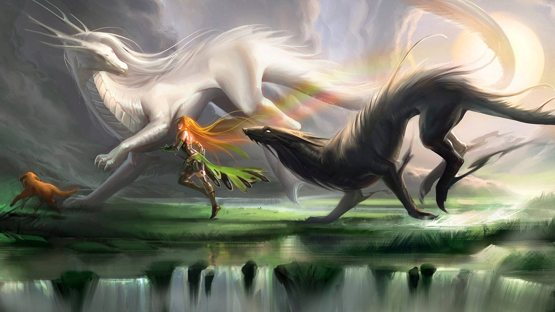 Mythical Creatures 桌布 壁紙 — 一位擁有飄逸橙色頭髮的戰士站在白龍與黑狼之間，靠近瀑布，在發光的太陽下。