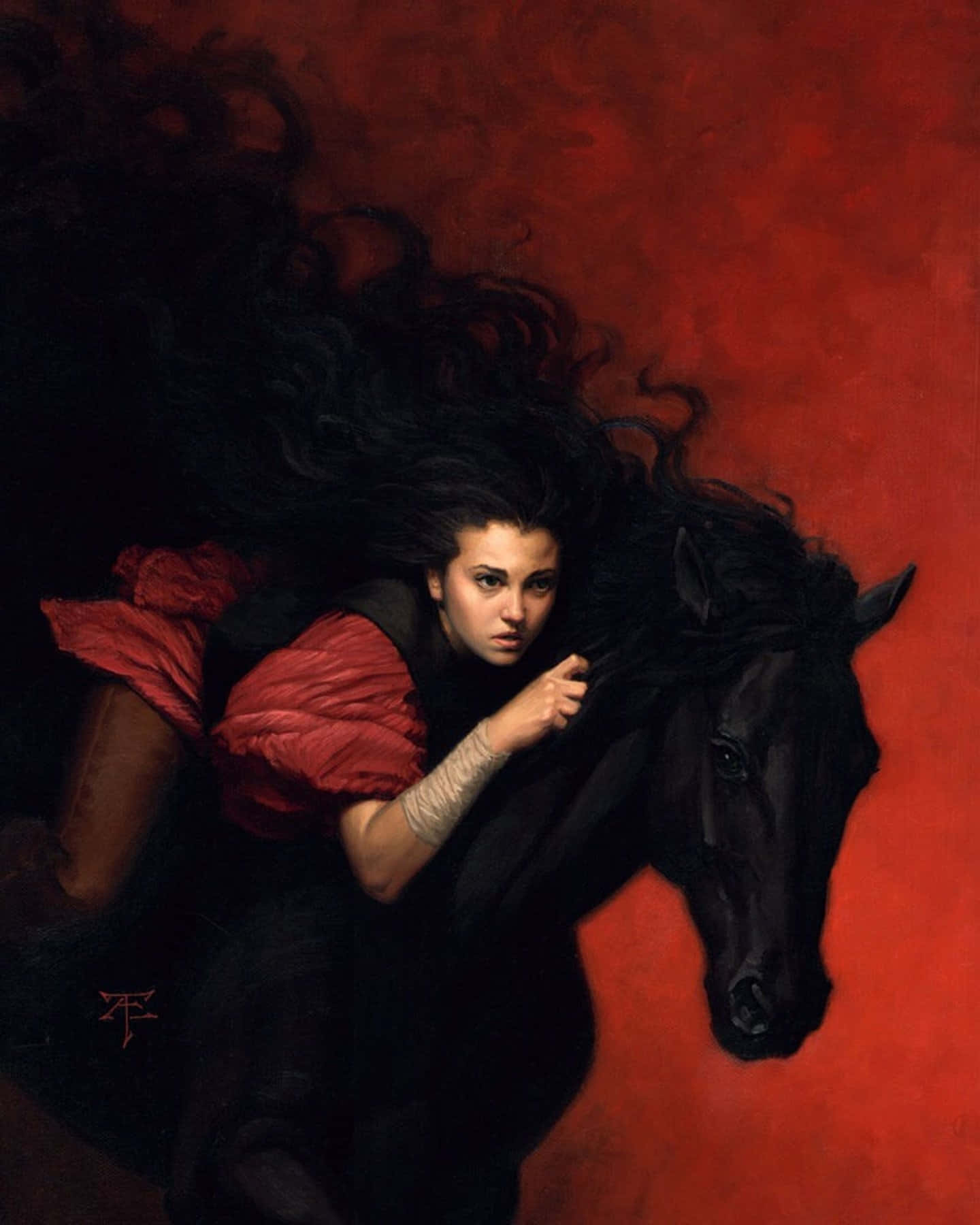 Black Horse 桌布 壁紙 — 一位擁有飄逸深色頭髮的女性騎著一匹黑馬，背景是鮮豔的紅色，呈現戲劇性的油畫風格。