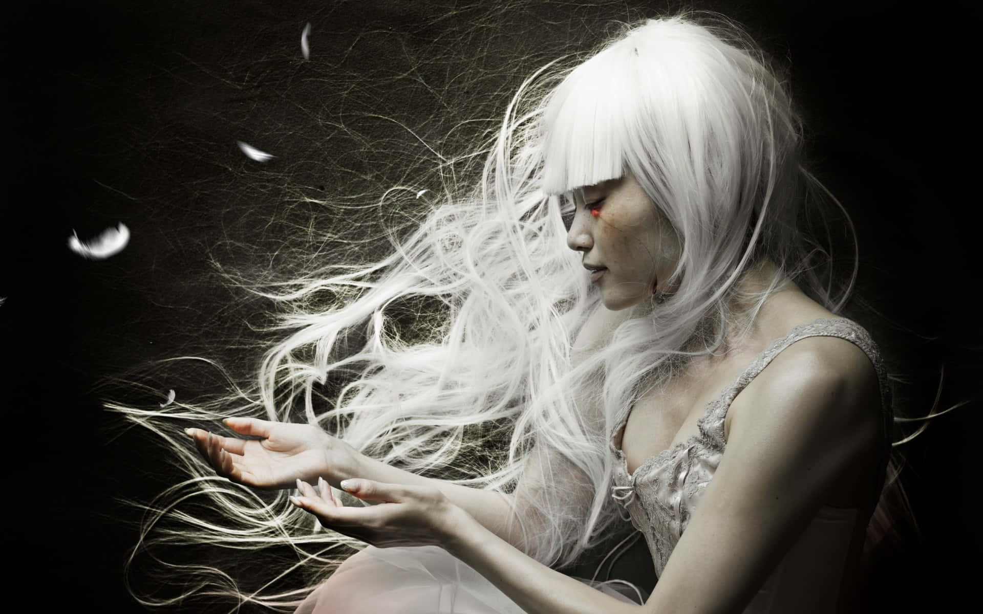 Woman 桌布 壁紙 — 一位擁有飄逸白髮和紅色眼紋的女性，在黑暗背景中輕輕捧著飄落的羽毛。