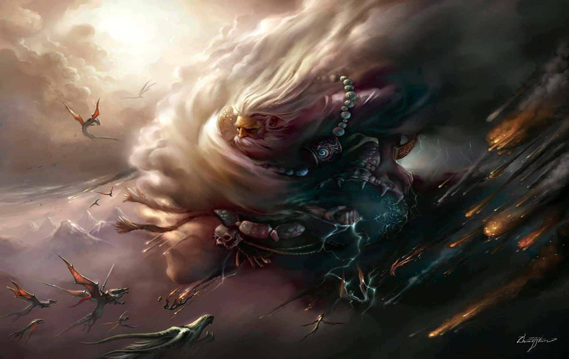 God Of Thunder 桌布 壁紙 — 一位擁有飄逸白髮和華麗盔甲的巨型風暴之神，在飛龍和崎嶇山脈之間，騎乘著旋轉的風與閃電漩渦。