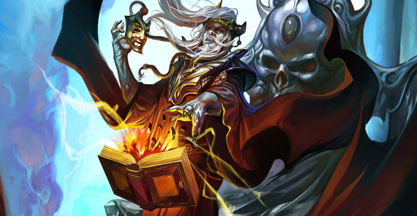 Sorcerer 桌布 壁紙 — 一位擁有飄逸白髮的巫師和一位骷髏臉同伴，在旋轉的藍色和橙色背景下，從一本打開的書中召喚出熾熱的魔法。