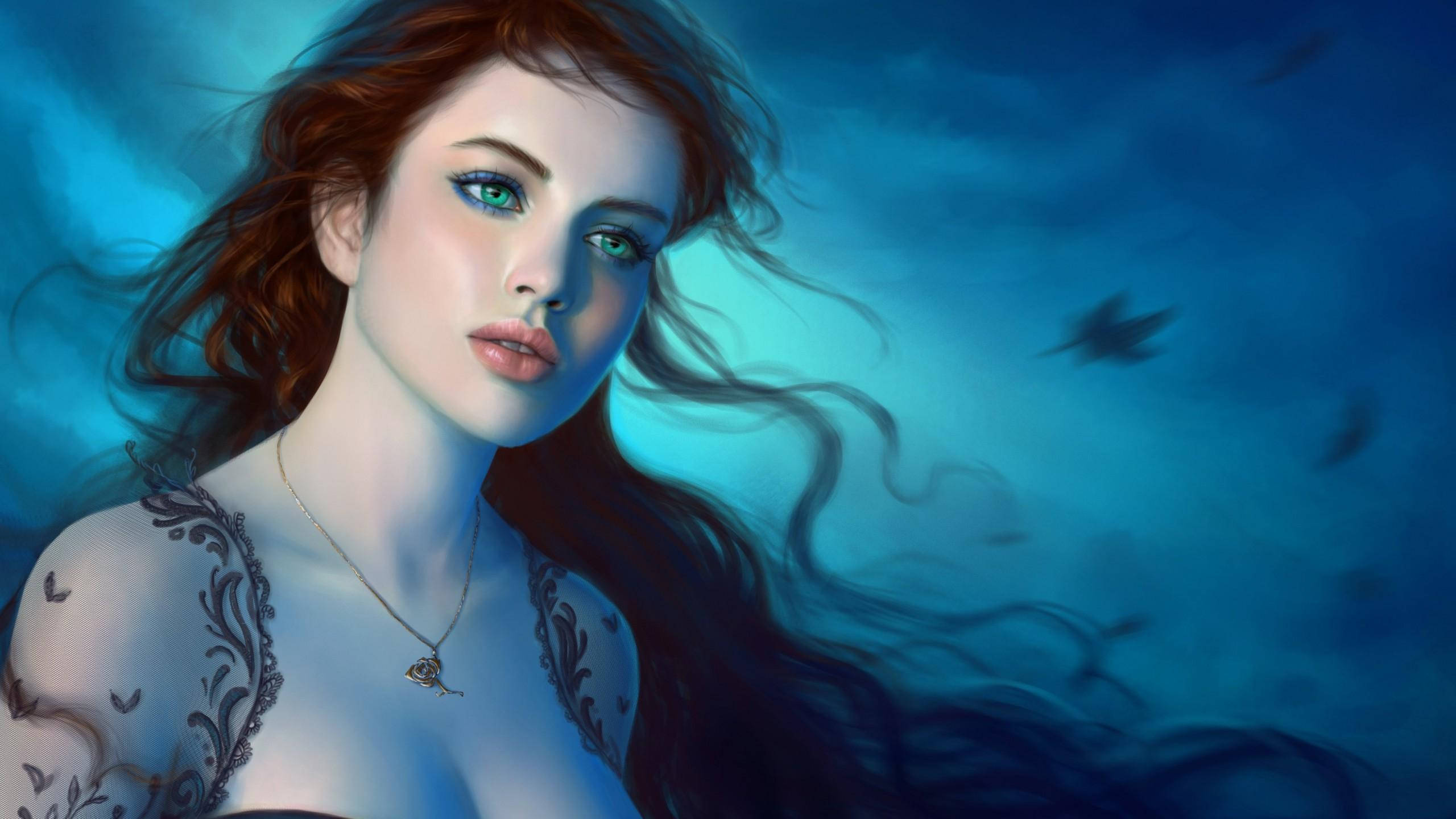 girls 桌布 壁紙 — 一位擁有飄逸紅髮和綠眼睛的美麗女性，在深色鳥兒飛翔的旋轉藍色背景前凝視前方。