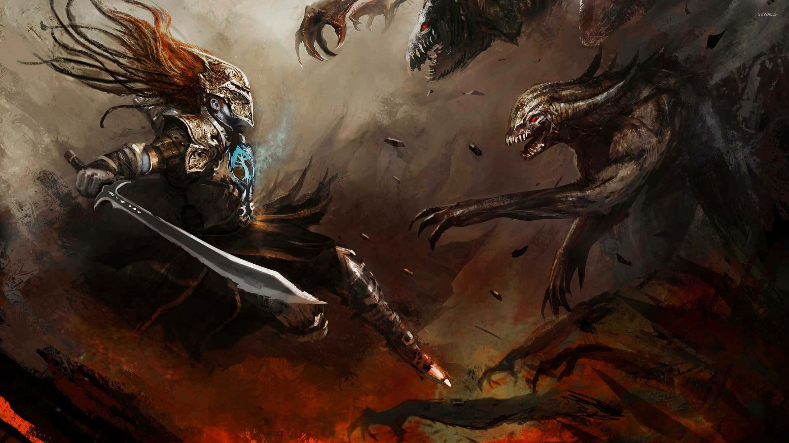 桌布 壁紙 — 一位擁有飄逸紅髮和華麗盔甲的戰士，在熾熱混亂的戰鬥場景中斬殺怪物野獸。
