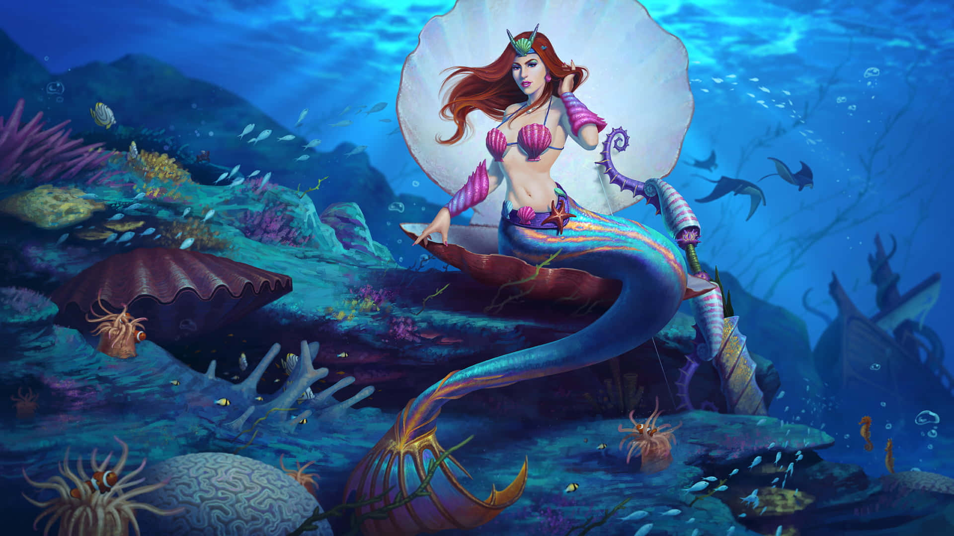 美人魚 桌布 壁紙 — 一位擁有飄逸紅髮和鮮豔尾巴的雄偉美人魚，優雅地坐在珊瑚礁上，周圍環繞著發光的海洋生物和陽光普照的海水。